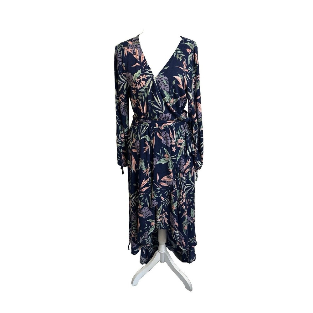 Fashion Leader Women's L Blue Floral Hi Lo Long Sleeve Maxi Dress V-neck Belt